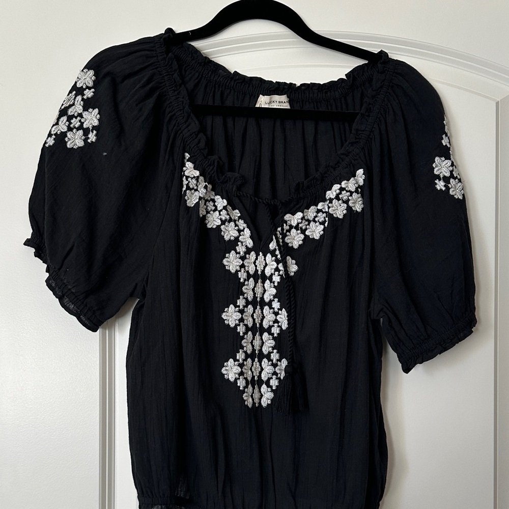 Lucky Brand Black Blouse with White Floral Embroidery